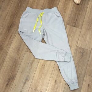 Figs Track Joggers in Light Gray with Neon Yellow Drawstring